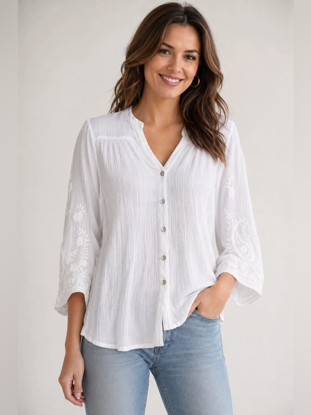 Figueroa & Flower White Embroidered Boho Blouse Size L
